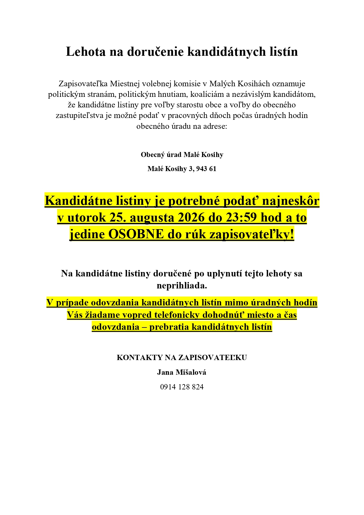 Lehota na doručenie kandidátnych listín do 25.08.2026 - 23:59